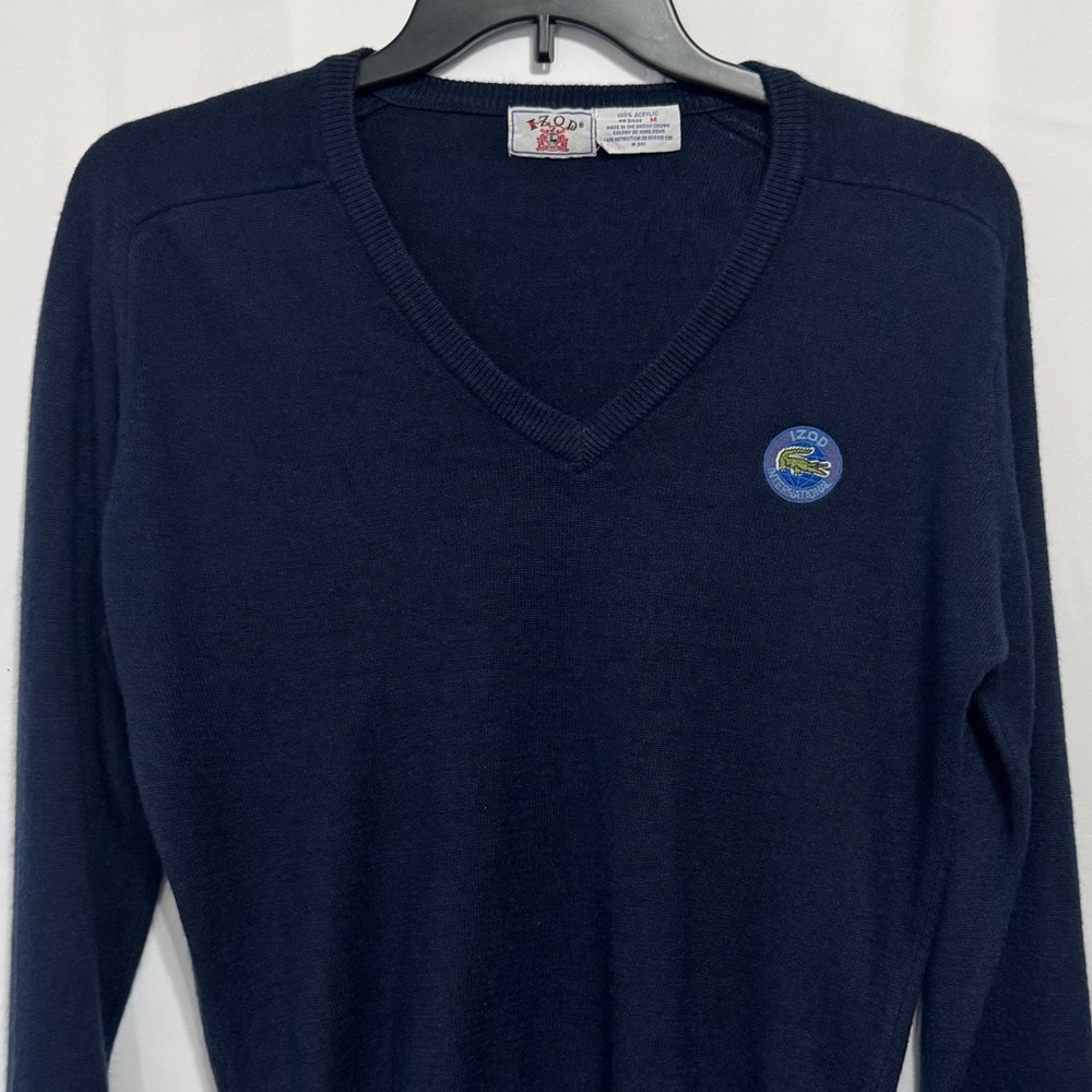 VTG IZOD Lacoste Navy V-Neck Sweater M Patch Logo Preppy Old Money GrandpaCore